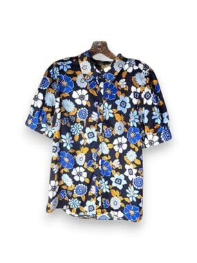 ModCloth Floral Button Down Blouse Navy Blue Short Sleeve Top Size M